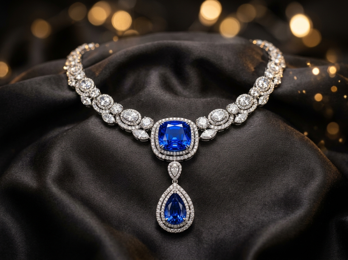 Bespoke Handcrafted Ceylon Sapphire and Diamond Necklace